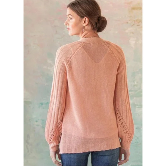 Sundance Open Front Lightweight Cardigan Linen Coral Pink Pointelle PS - Picture 2 of 5